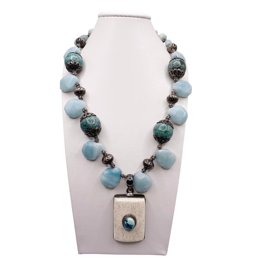 Sterling Silver and Gemstones Necklace, Amazonite, Turquoise and Bone Pendant